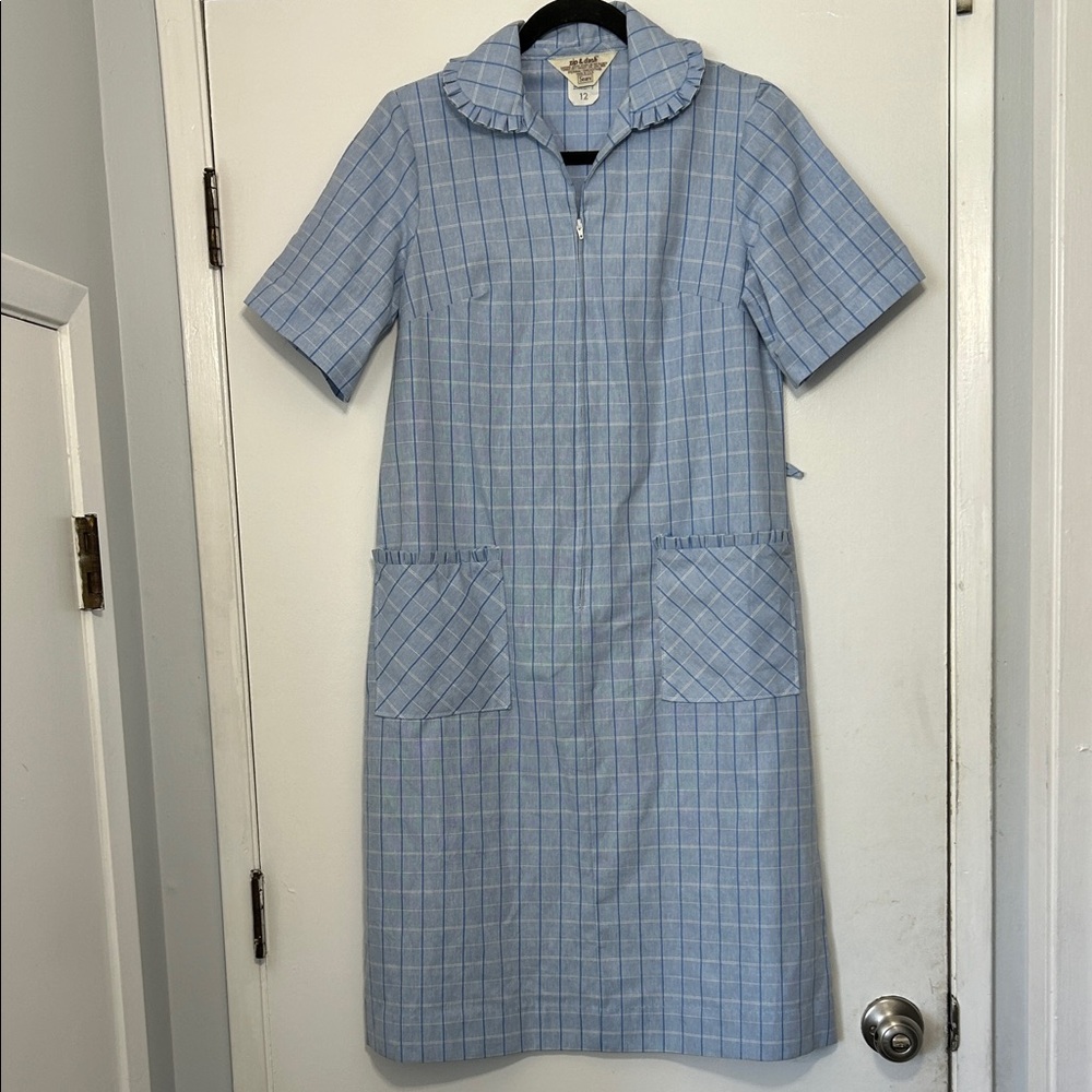 Vtg Sears Zip & Dash Light Blue Plaid Short Sleeve House Dress Size 12